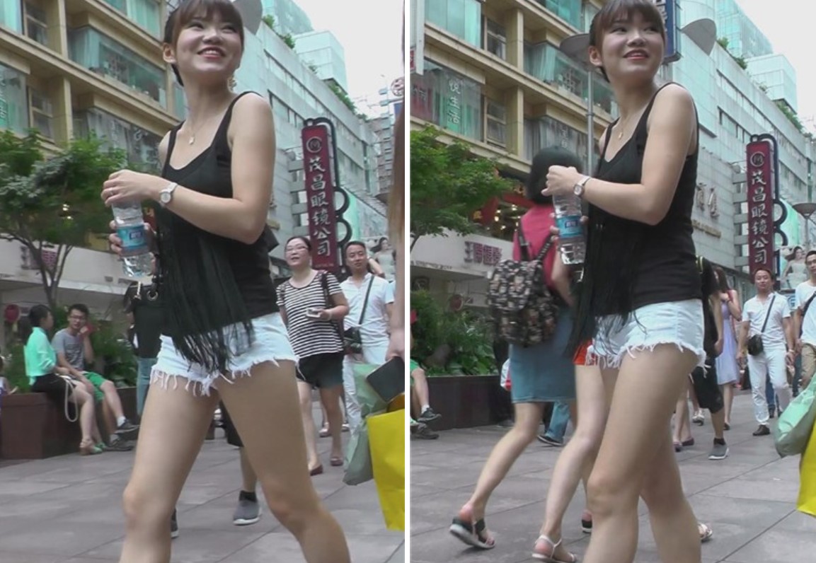 街拍白短热裤笑容灿烂美女逛服装店 [953 MB]