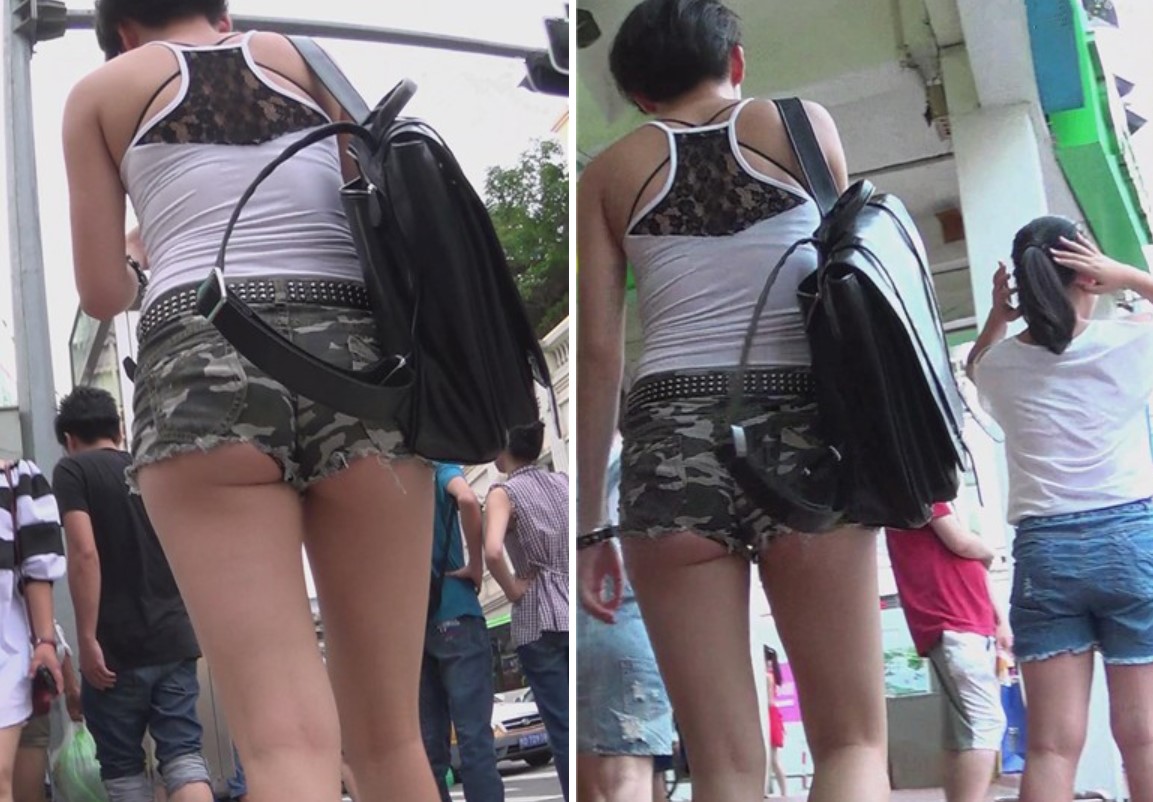 街拍丰满肉臀迷彩热裤美眉，穿着大胆 [404 MB]