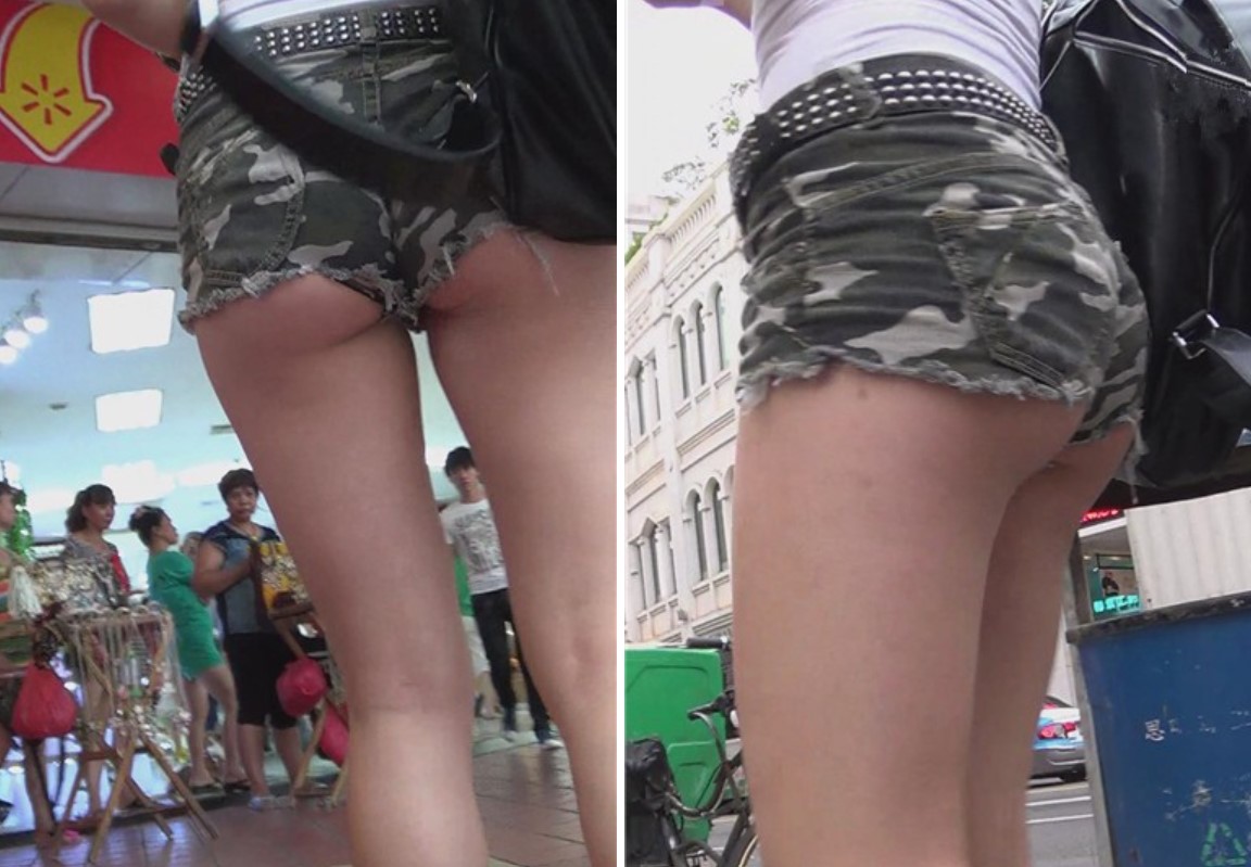 街拍丰满肉臀迷彩热裤美眉，穿着大胆 [404 MB]