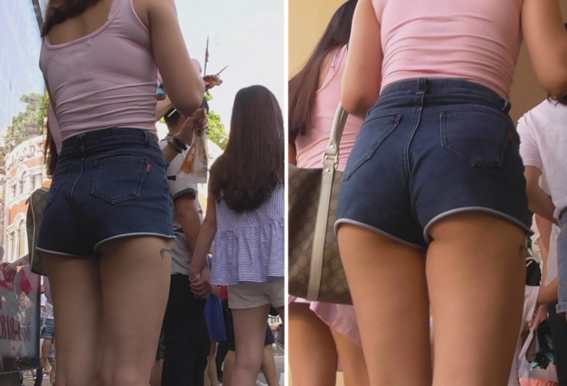 街拍粉色小背心高腰超短热裤美臀MM [1.50 GB]