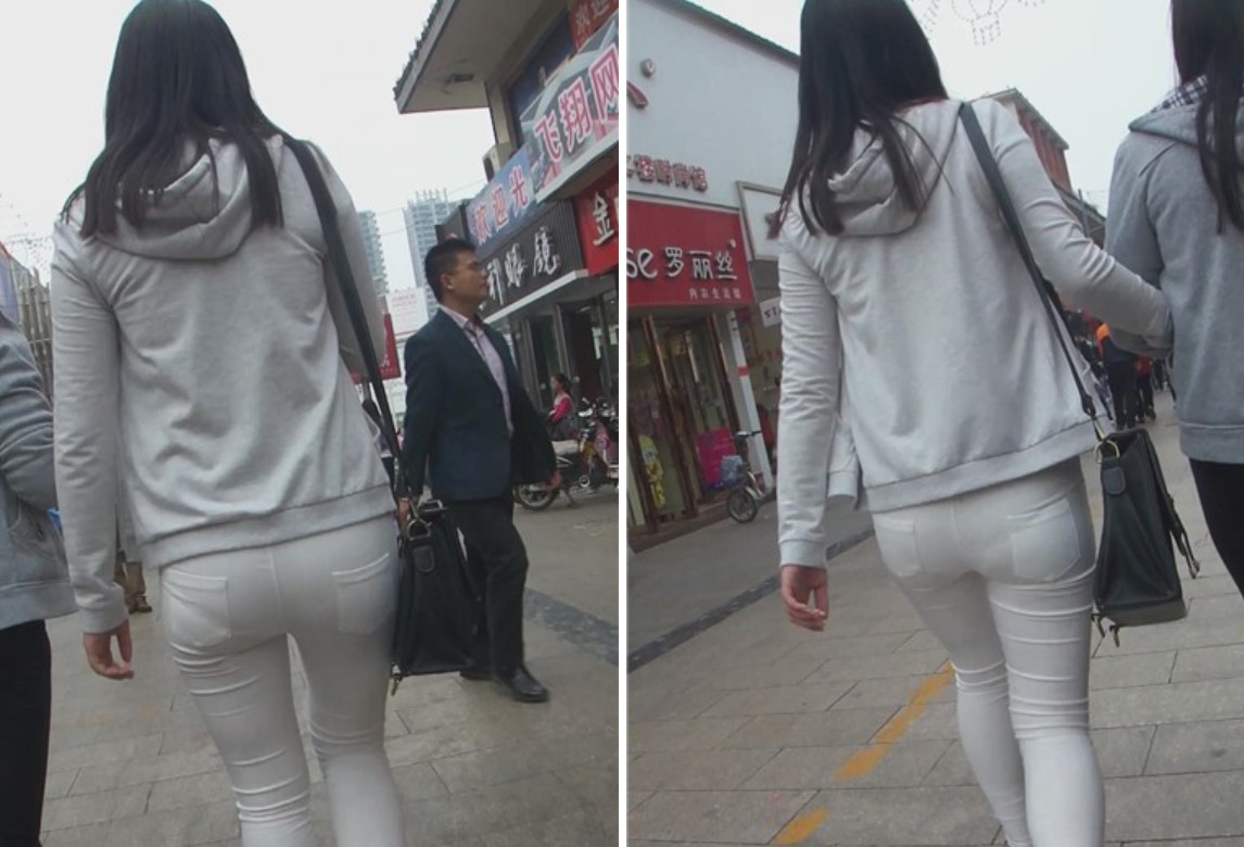 街拍紧身白裤美臀美女，紧得令人无法呼吸 [2.42 GB]