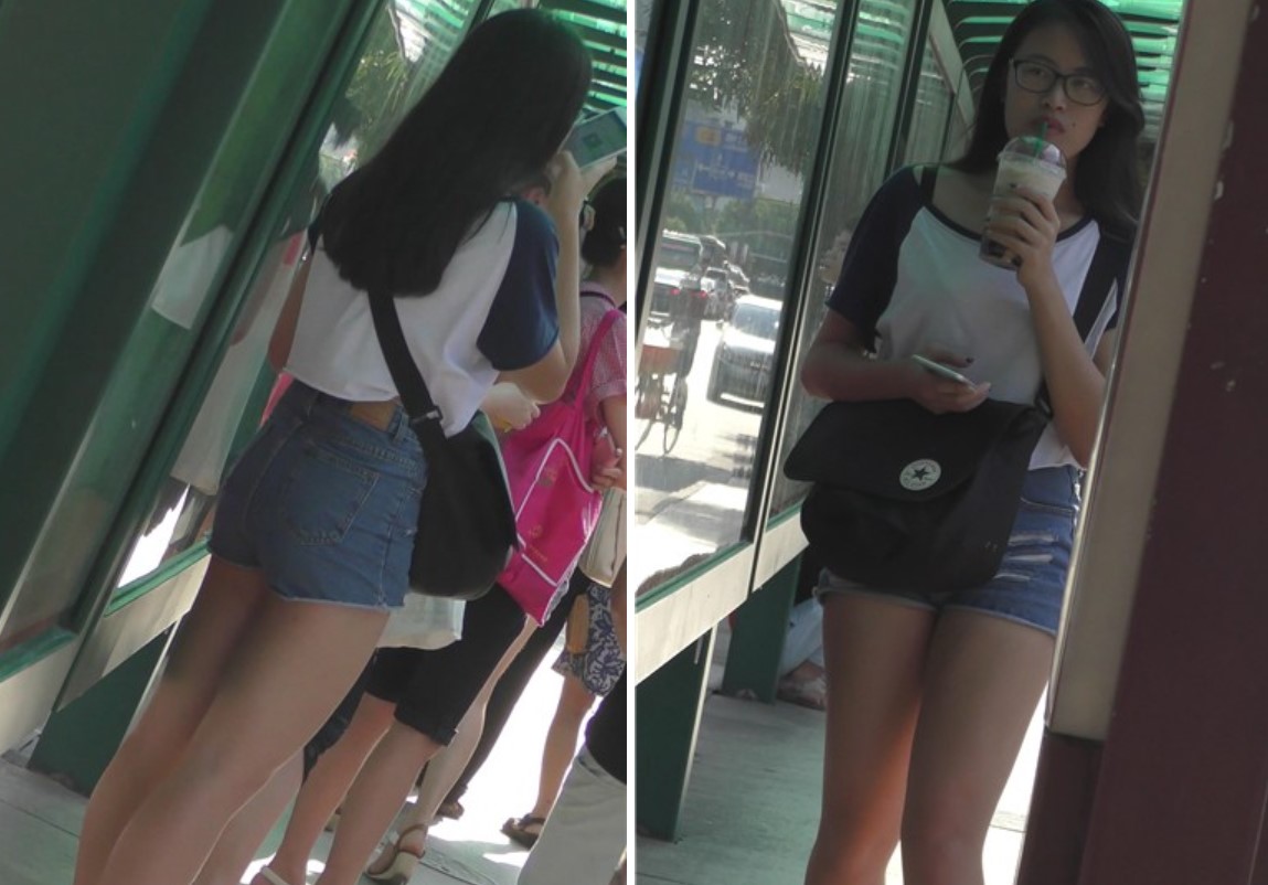 4k-公交站拍摄牛仔热裤大长腿运动鞋女孩 [559 MB]