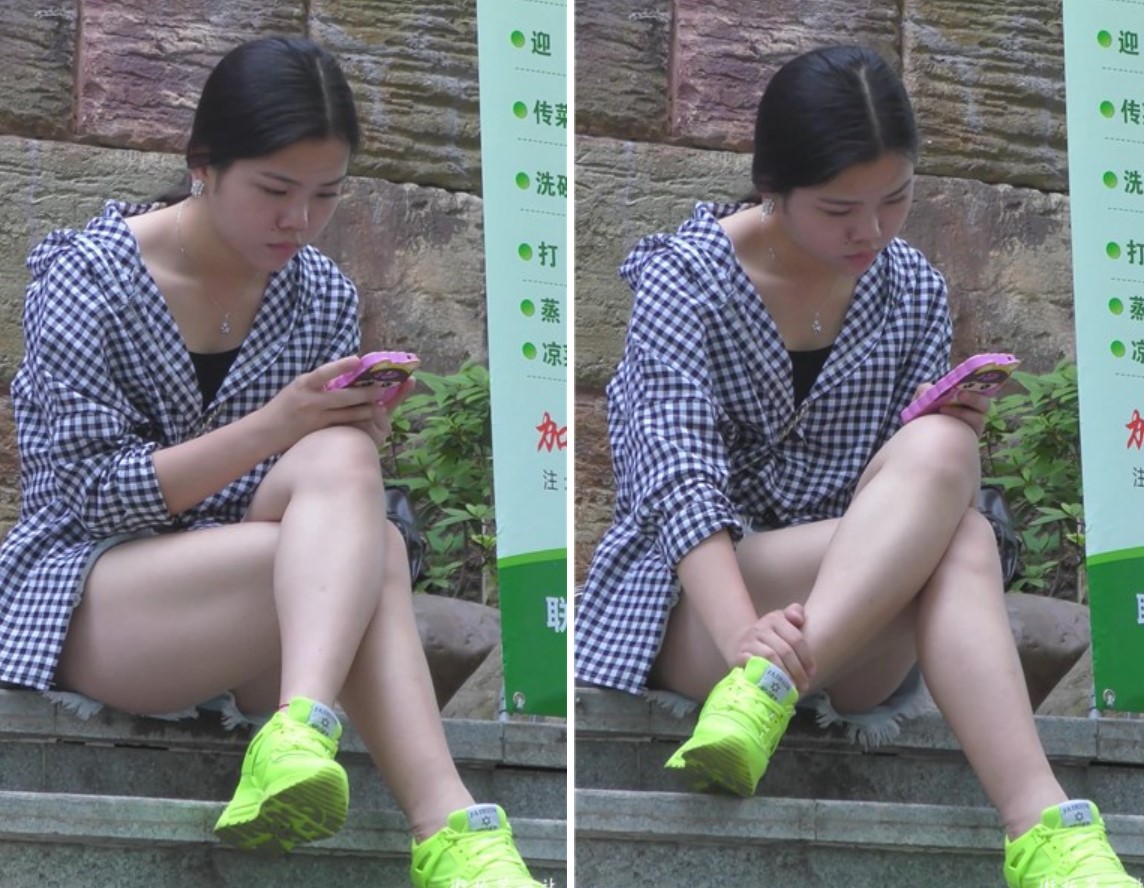 4k-台阶上的牛仔热裤美腿女孩，看上去闷闷不乐 [464 MB]