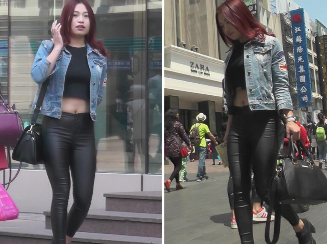 紧身皮裤露脐装，牛仔小外套美女姐姐 [1.23 GB]