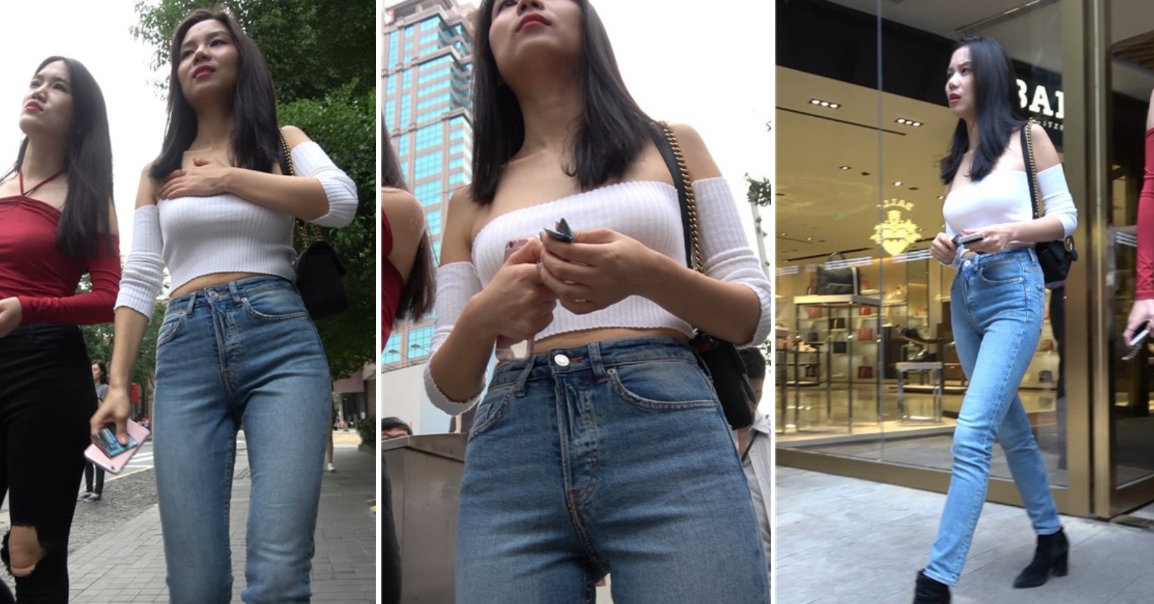 4k超清，街拍一字抹胸甜美紧身蓝牛美女 [2.74 GB]