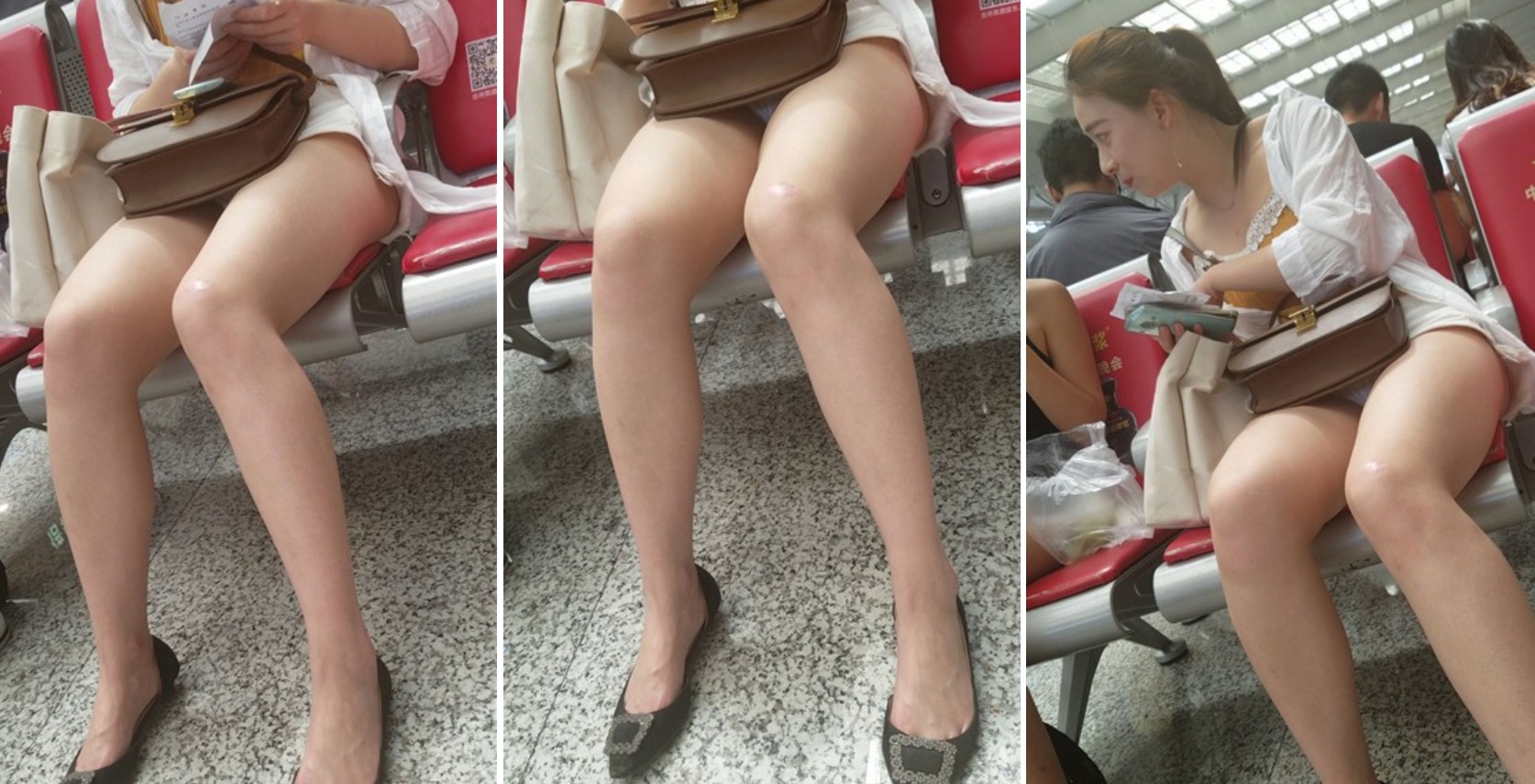 4k超清，候车室街拍白皙大长腿美女姐姐，颜值爆表腿长