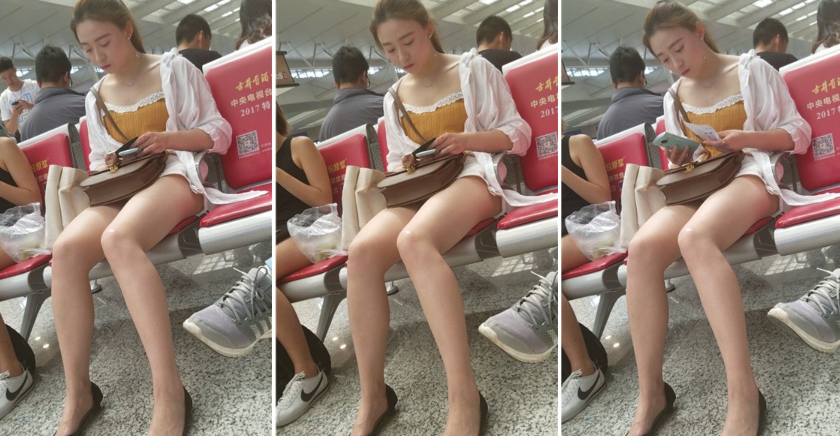 4k超清，候车室街拍白皙大长腿美女姐姐，颜值爆表腿长