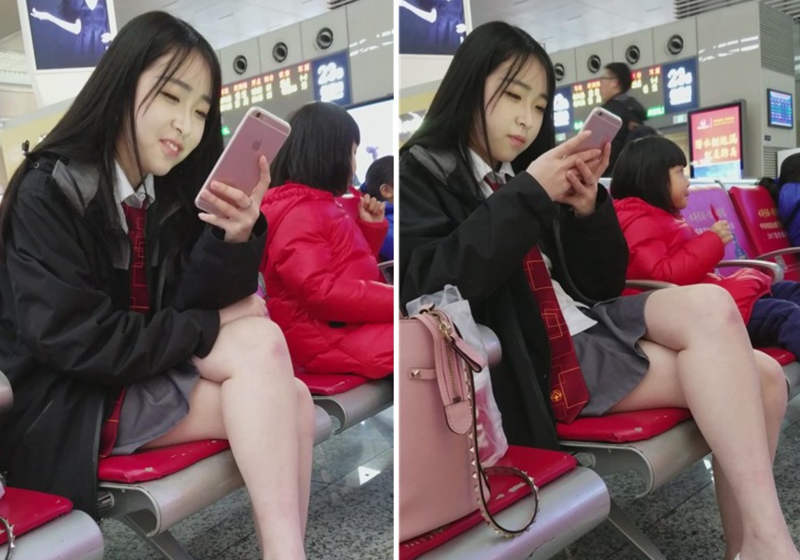 4k-高铁站候车室拍摄甜美雪白嫩腿清纯美女