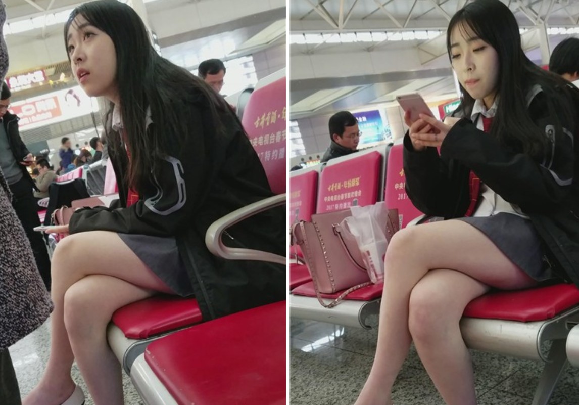 4k-高铁站候车室拍摄甜美雪白嫩腿清纯美女