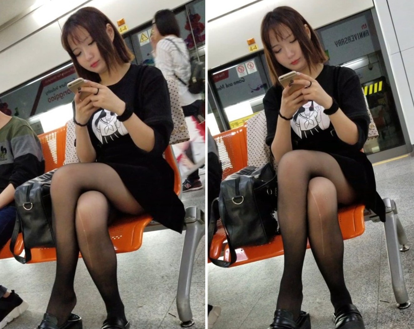 4K-街拍黑色短裙街拍黑丝气质小眼睛美女