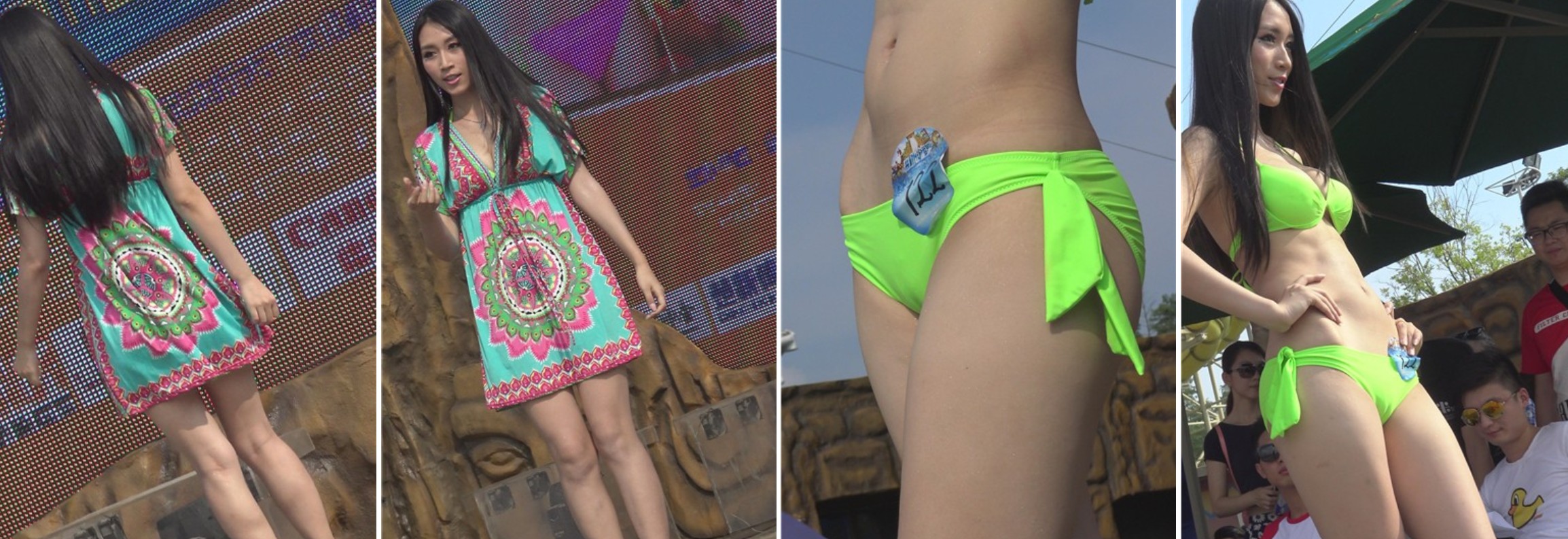 4k-泳装模特复古风碎花裙走秀表演