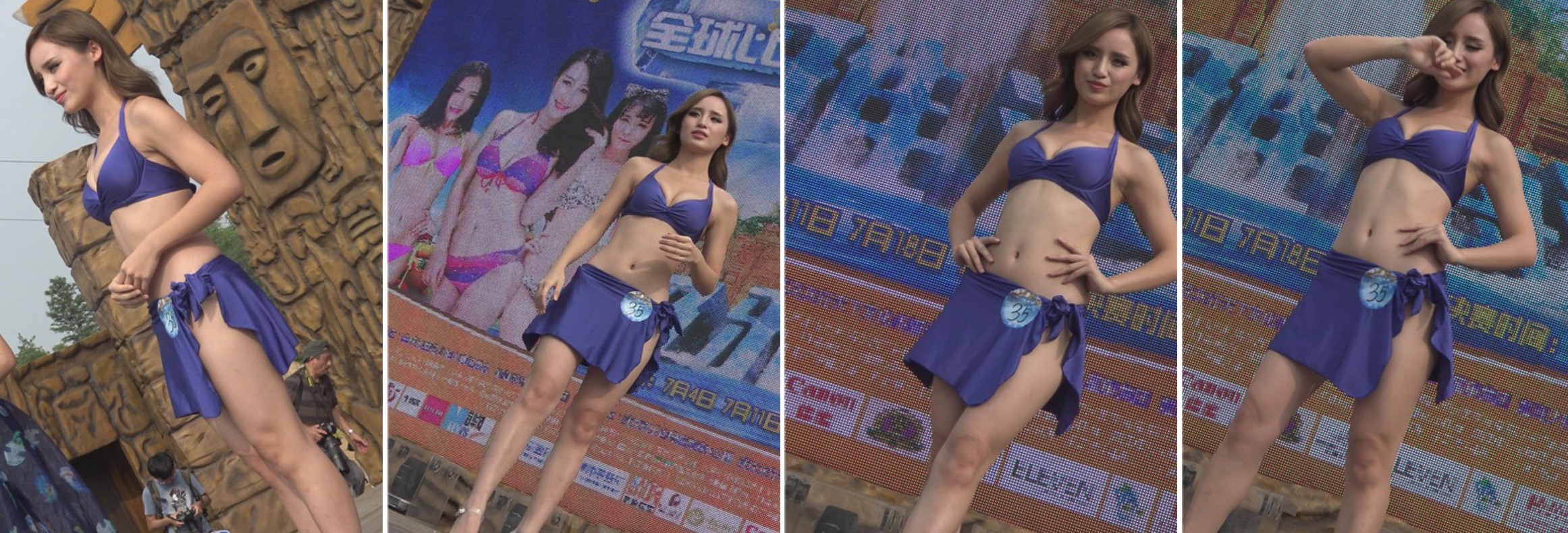 4k-深蓝色泳装美女，高跟水晶鞋很不错