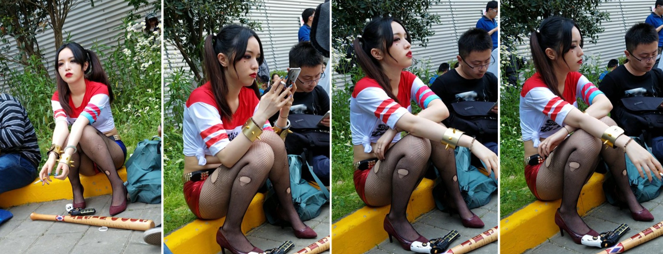 4k超清，展会场外抽烟的网袜cosplay美眉