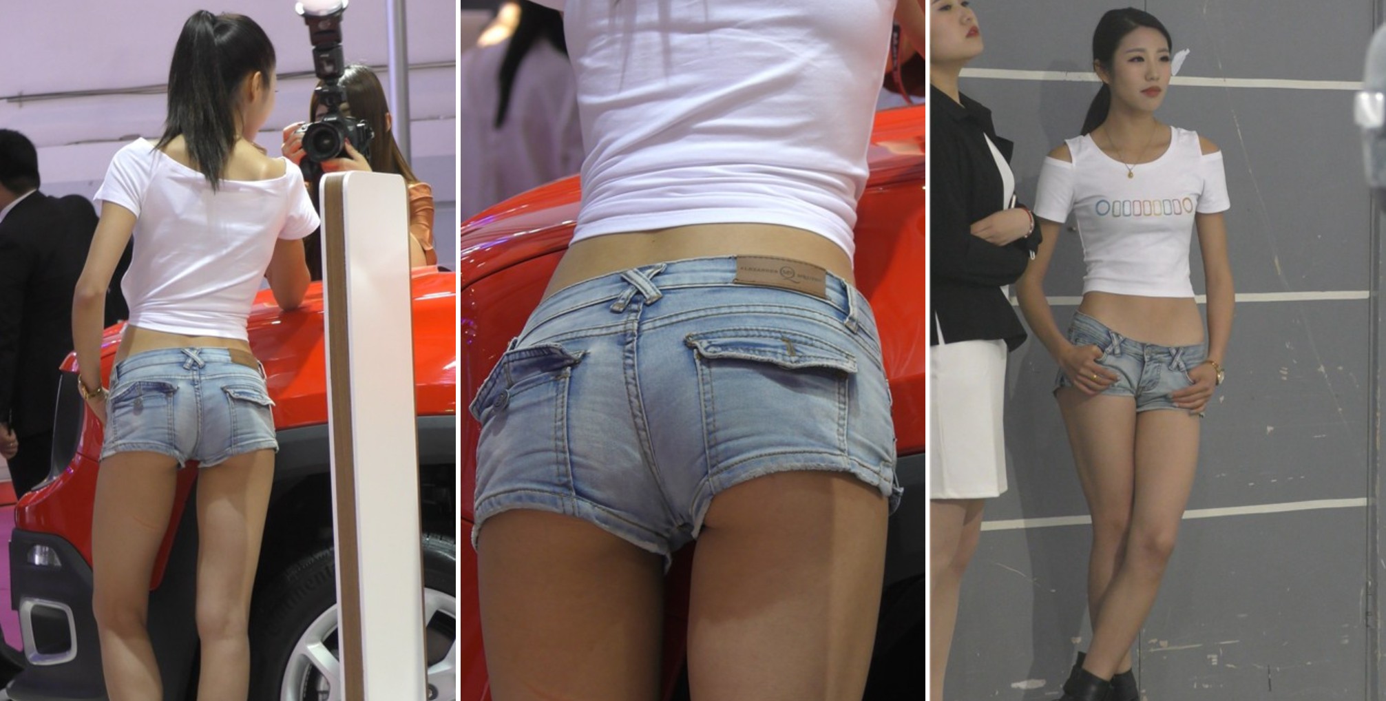 4k-超短牛仔热裤白T恤好身材美女车模