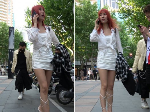 4K – 街拍酒红色头发白裙美眉 [1.27 GB/MP4]