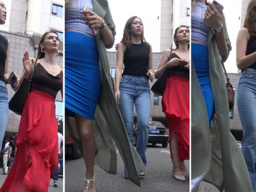 4k超清，街拍丰臀性感大长腿喇叭蓝牛气质女神[954 MB]