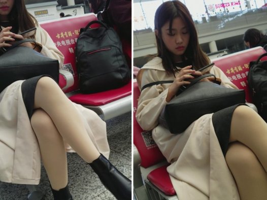 4k-高铁站候车室内的长腿肉丝美腿女孩,清纯美丽