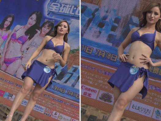 4k-深蓝色泳装美女,高跟水晶鞋很不错